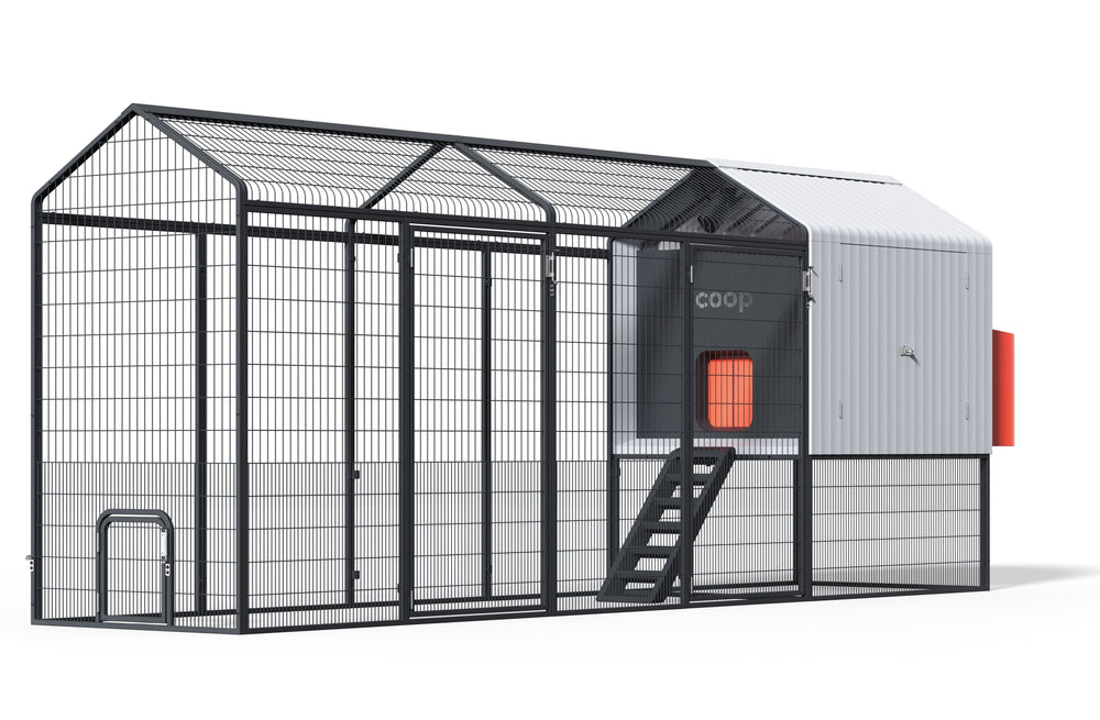Galvanized steel chicken coop with extended range run, featuring a ramp and enclosed nesting area.