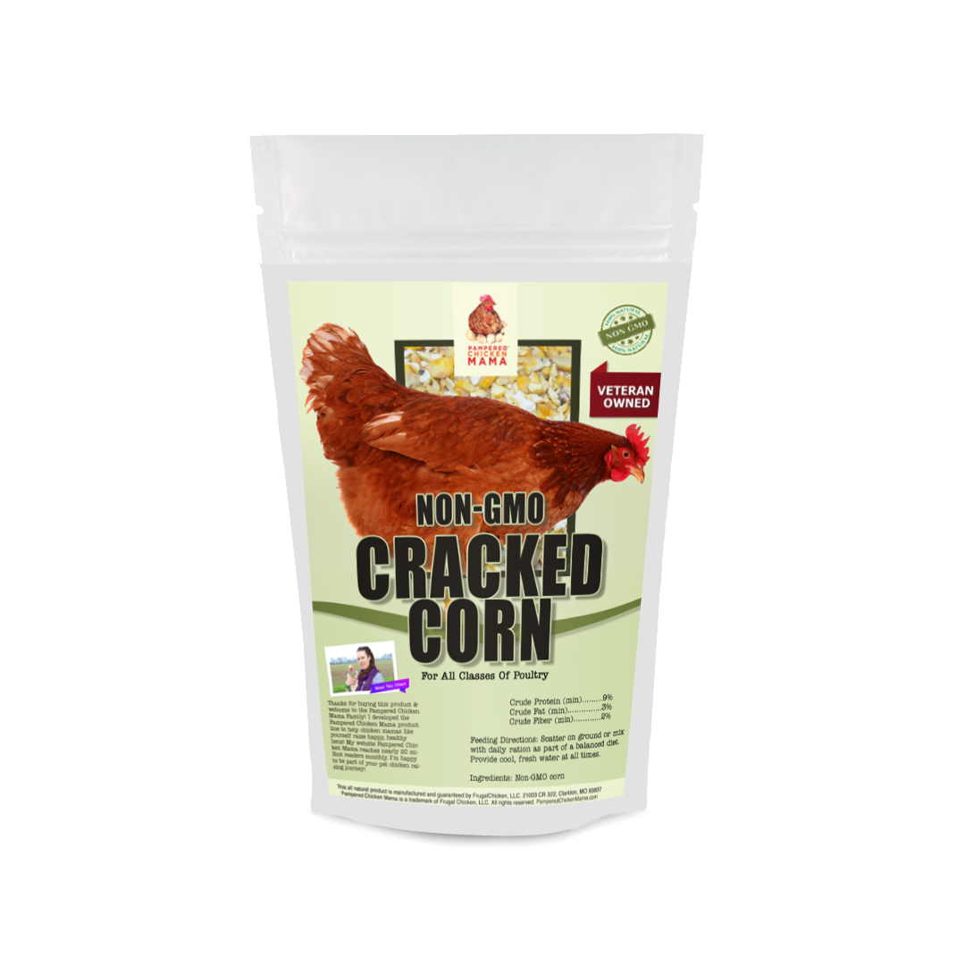 Non-GMO cracked corn for pet chickens, 5 pounds, featuring a brown hen graphic, sustainably grown in Missouri.