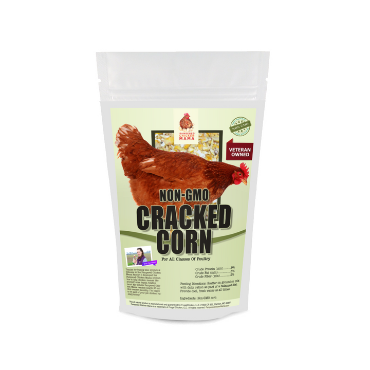 Non-GMO cracked corn for pet chickens, 5 pounds, featuring a brown hen graphic, sustainably grown in Missouri.