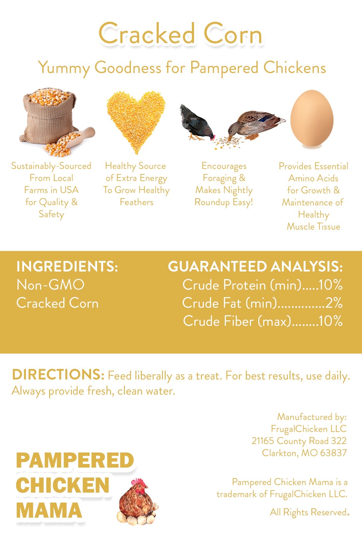 Non-GMO cracked corn for chickens, soy-free, available in 5, 10, and 20-pound bags, by Dahlia Pets.