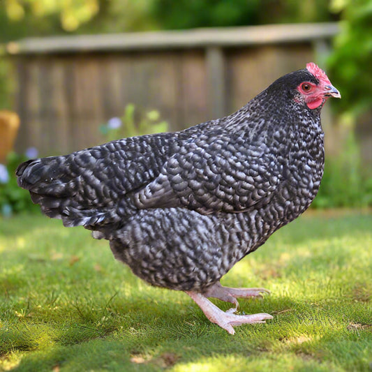 French Cuckoo Marans hens with barred feathers, known for dark chocolate brown eggs, from Az Chickens.