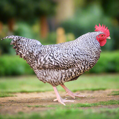 French Cuckoo Marans hens with barred feathers, known for dark chocolate brown eggs, by Az Chickens.