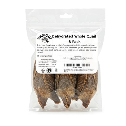 Dehydrated whole quail in a clear bag, ideal for bird dog training and falconry by Quailz.com.