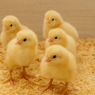 Group of healthy day-old baby chicks in a brooder