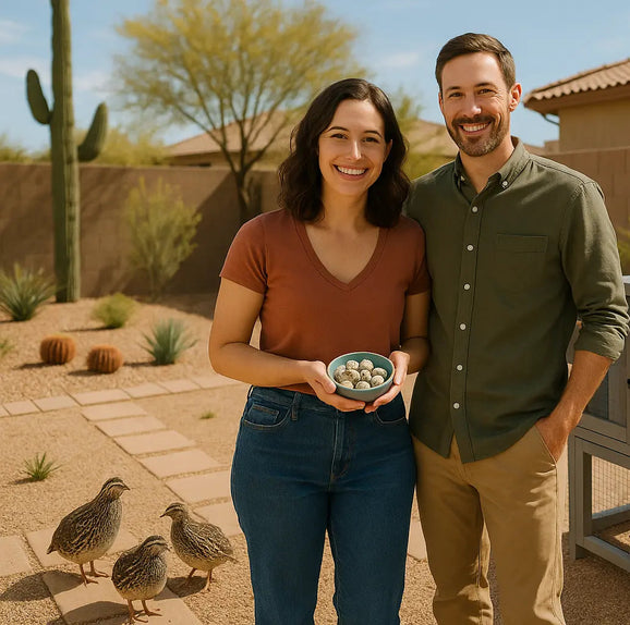 Man and woman standing outdoors with a small animal cage and birds in a desert-like setting.
