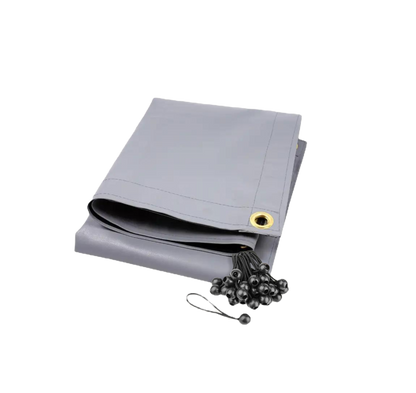 Waterproof gray tarp with UV protection for chicken coops, featuring reinforced grommets and tie-downs by The Smart Coop.