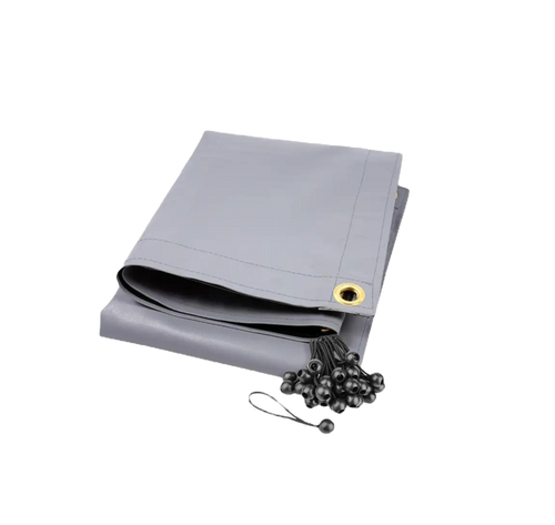 Waterproof gray tarp with UV protection for chicken coops, featuring reinforced grommets and tie-downs by The Smart Coop.
