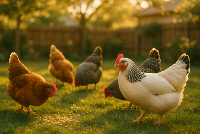 Healthy backyard chicken flock foraging in golden light