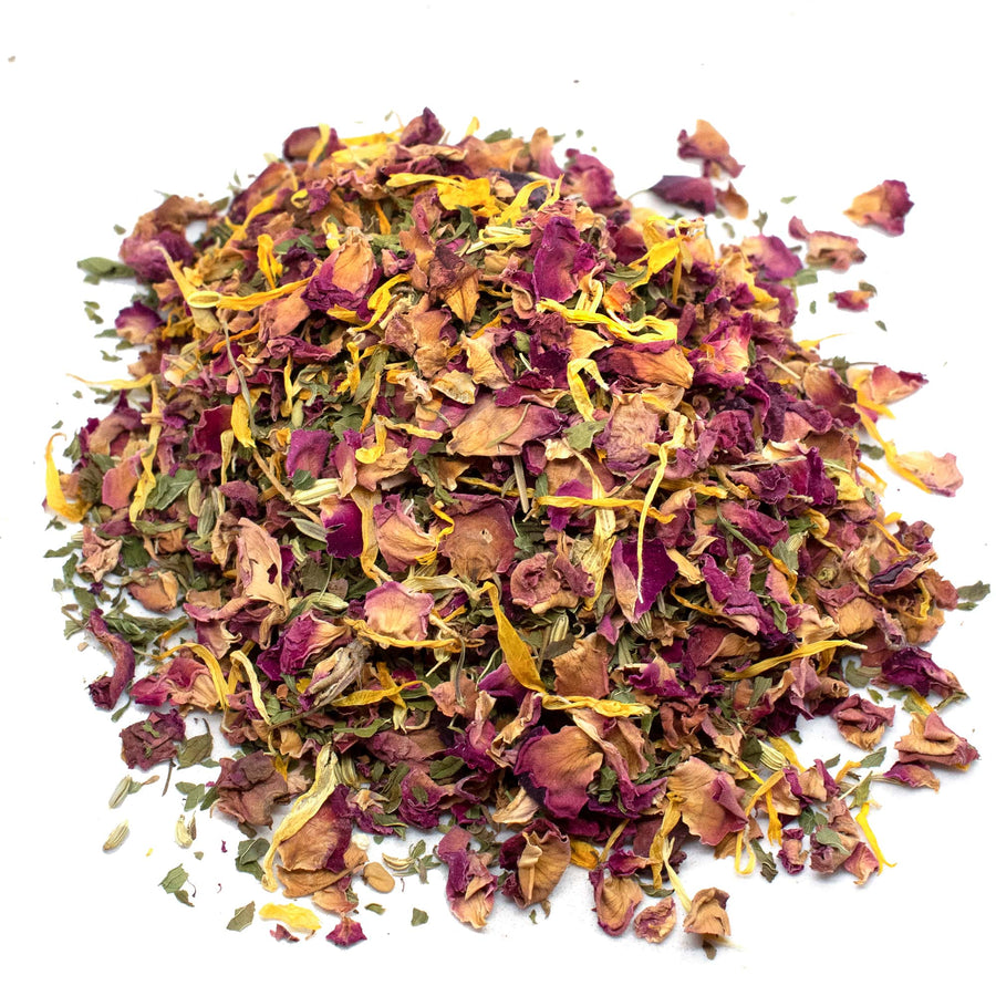 Dried herbal blend for pet chickens featuring spearmint, dill, roses, calendula, and fenugreek by Dahlia Pets.