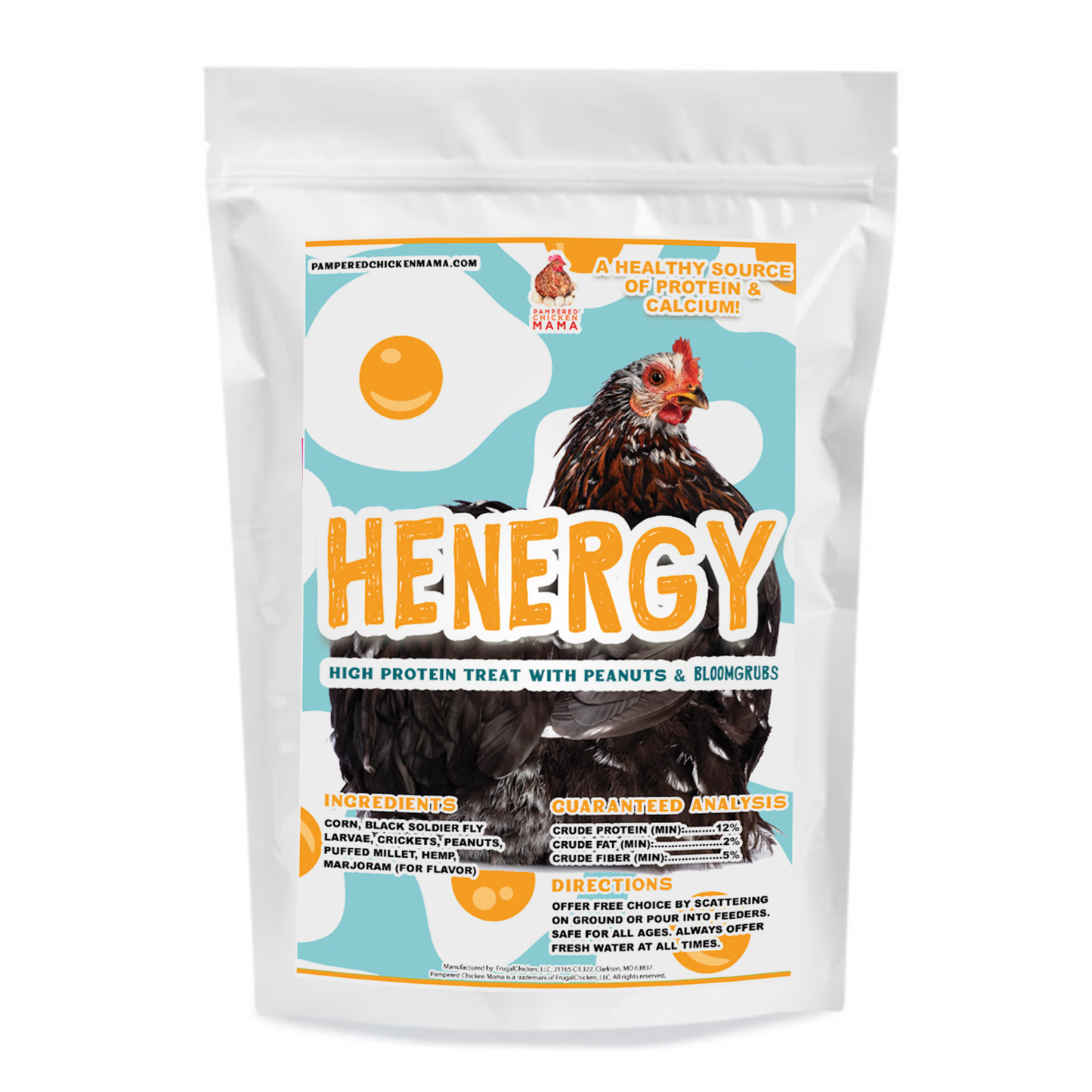 Henergy textured chicken treat in a white bag featuring black soldier fly larvae, designed for chicken wellness and enrichme