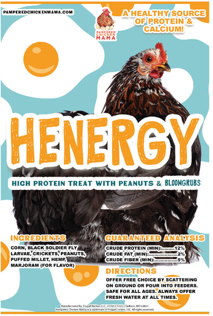 Henergy textured chicken treat with black soldier fly larvae and peanuts, 4-pound and 8-pound sizes, by Dahlia Pets.
