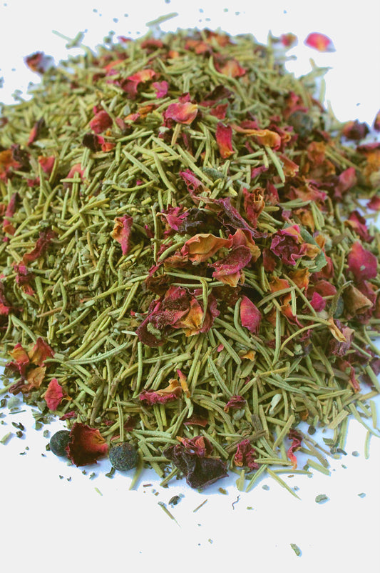 Natural holiday herb blend for chickens from Dahlia Pets, featuring dried herbs and colorful rose petals.