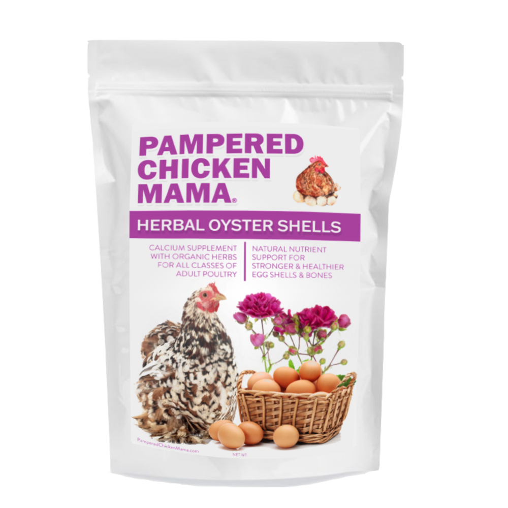 Organic calcium supplement for chickens in a resealable bag, featuring oyster shells and floral design by Dahlia Pets.