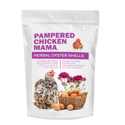 Organic calcium supplement for chickens in a resealable bag, featuring oyster shells and floral design by Dahlia Pets.