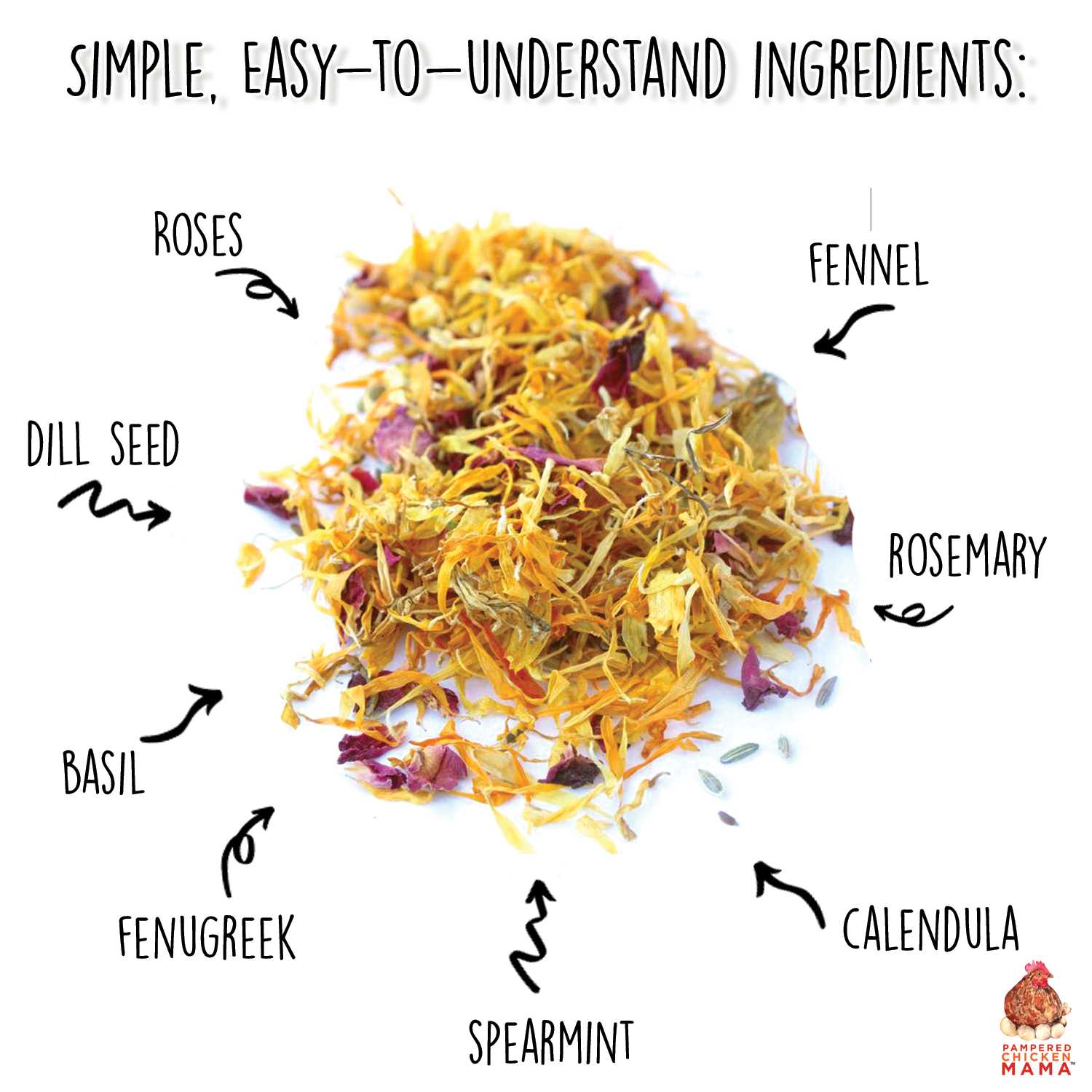 Dried floral herbal blend including calendula, fennel, and rosemary for chicken digestive support by Dahlia Pets.