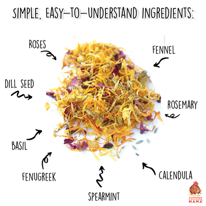Dried floral herbal blend including calendula, fennel, and rosemary for chicken digestive support by Dahlia Pets.
