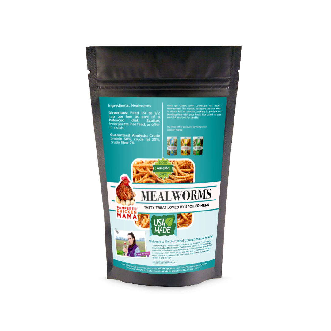 1-pound bag of Dahlia Pets Dried Mealworms for chickens, high-protein snack in a resealable package