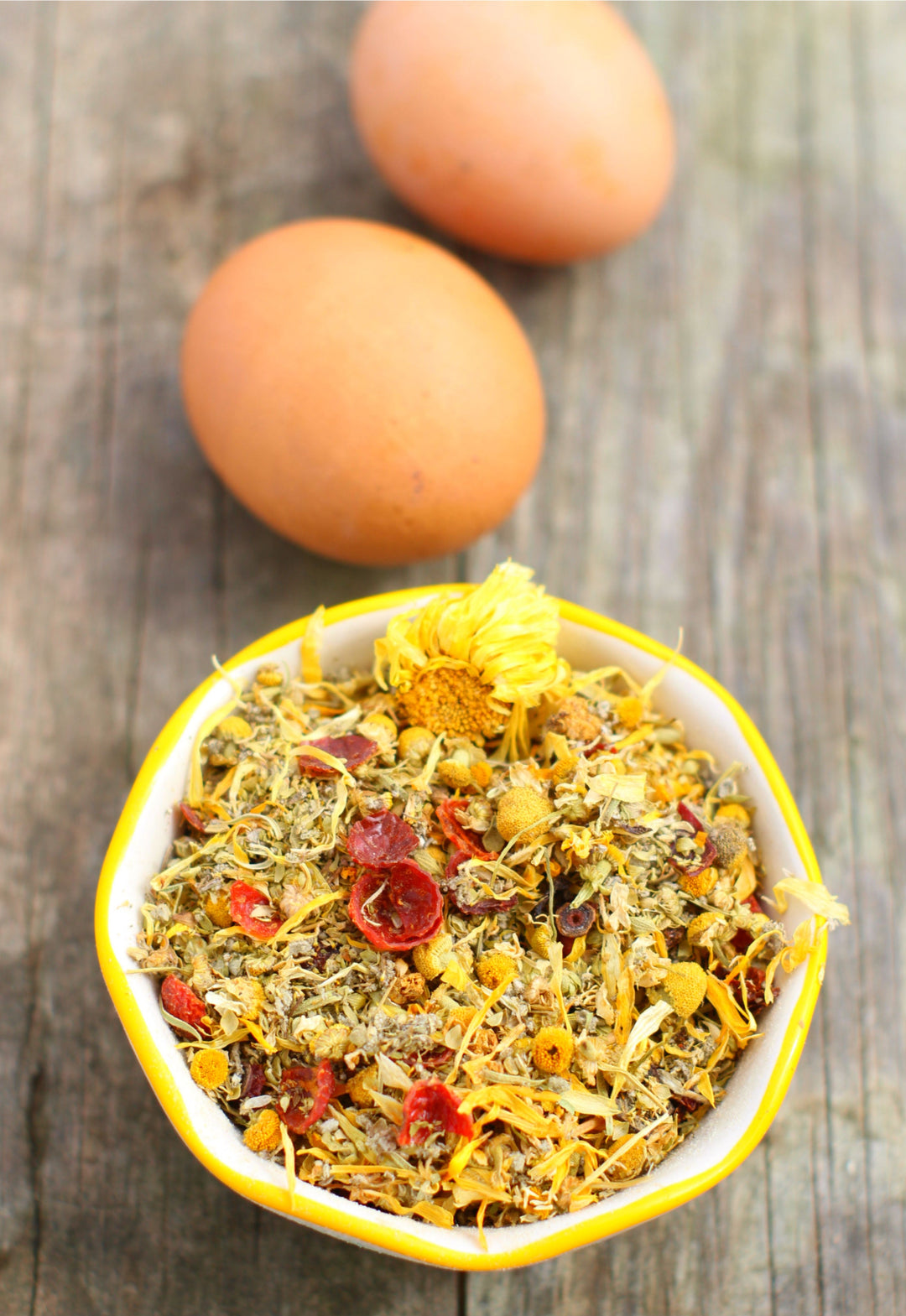 Natural herbs for chickens featuring lavender, chamomile, and calendula by Dahlia Pets in 5 oz, 10 oz, and 20 oz sizes.