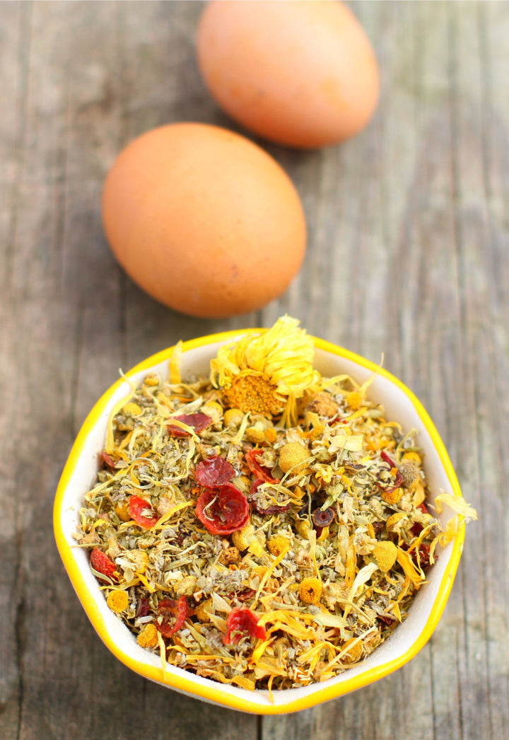 Natural herbs for chickens featuring lavender, chamomile, and calendula by Dahlia Pets in 5 oz, 10 oz, and 20 oz sizes.