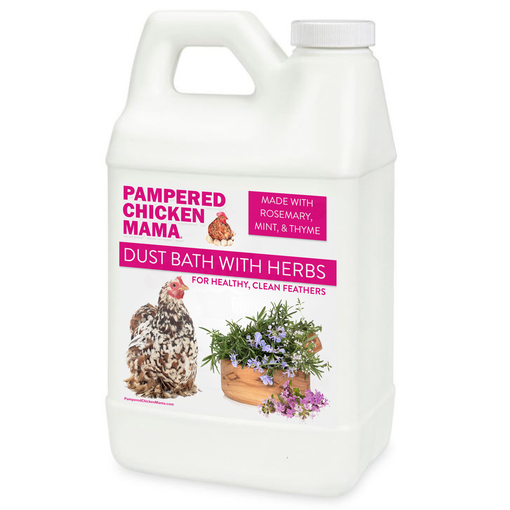 Natural Chicken Dust Bath with Herbs, 5 lb. container by Dahlia Pets for mite prevention and feather care.