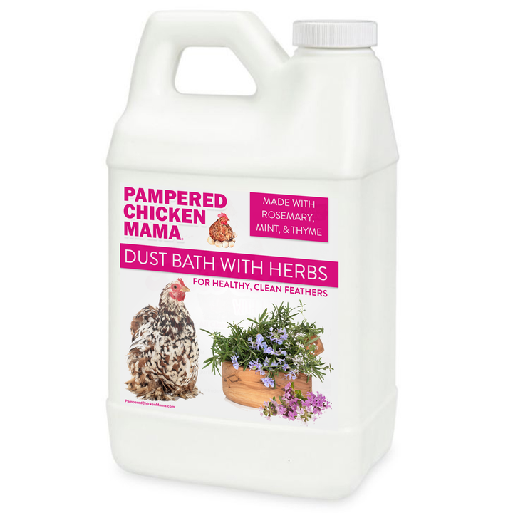 Natural Chicken Dust Bath with Herbs, 5 lb. container by Dahlia Pets for mite prevention and feather care.