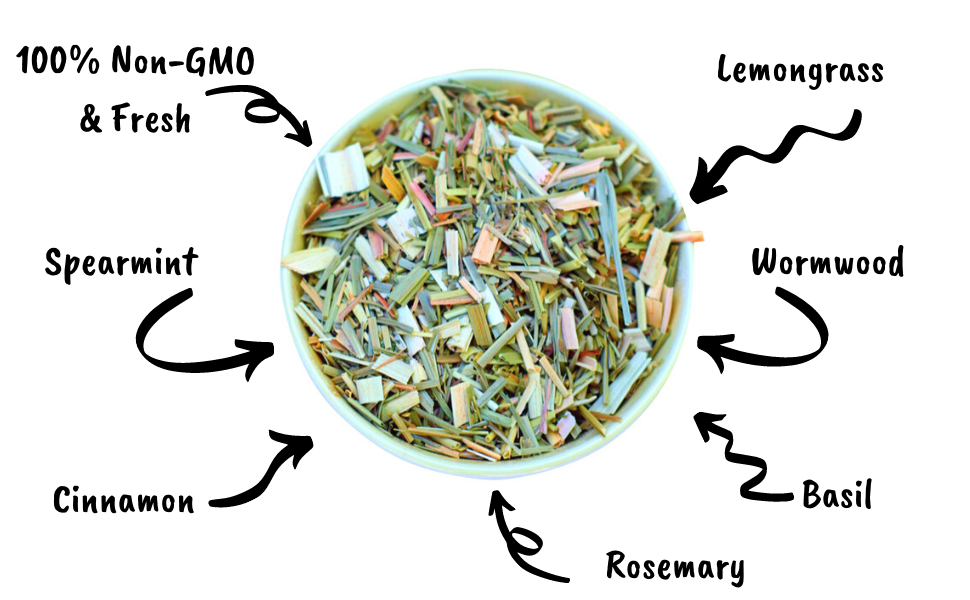 Natural herbal pest repellent for chicken coops by Dahlia Pets, available in 5oz, 10oz, and 20oz sizes