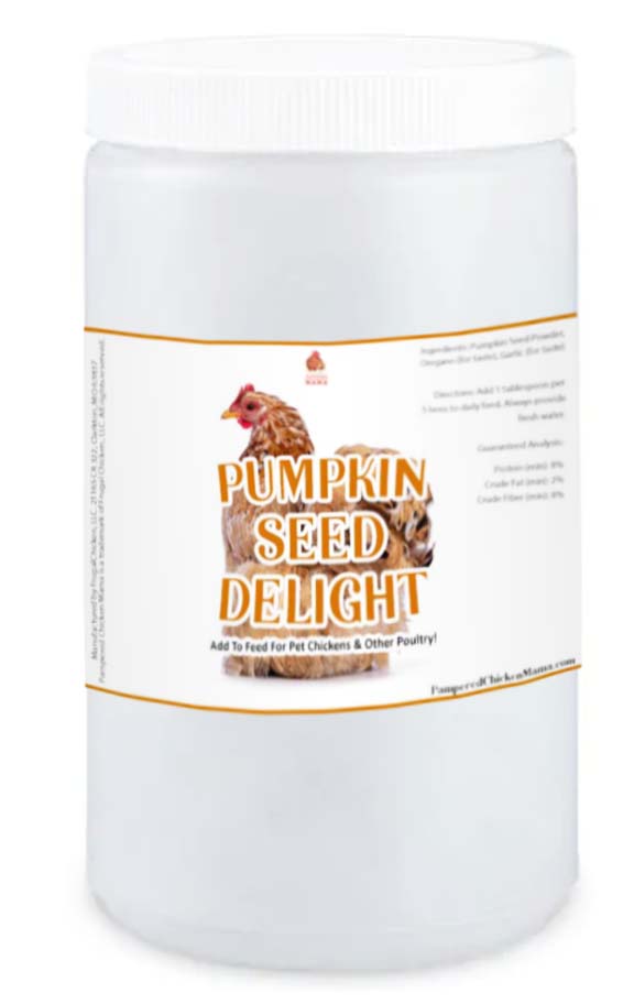 Organic Pumpkin Seed Delight chicken feed supplement in a clear 2lb jar by Dahlia Pets.