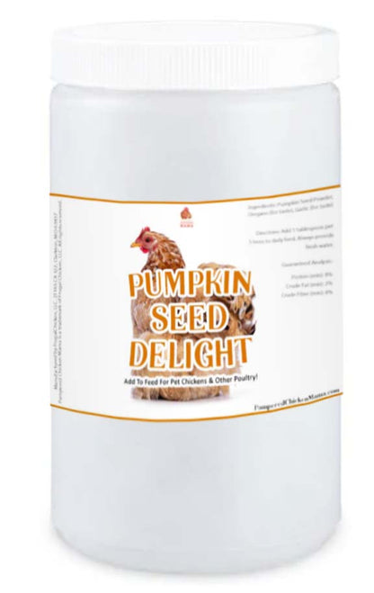 Organic Pumpkin Seed Delight chicken feed supplement in a clear 2lb jar by Dahlia Pets.