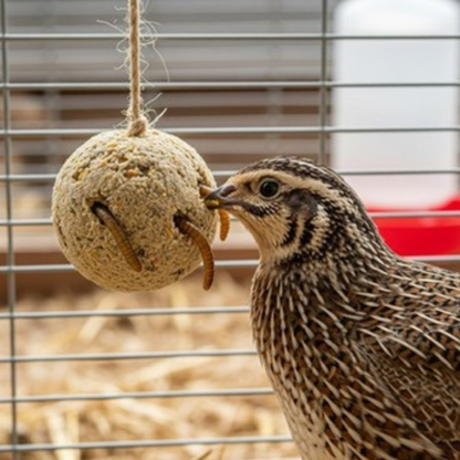 Durable green quail gamebird feed balls with mealworms, 2-pack, by Quailz.com