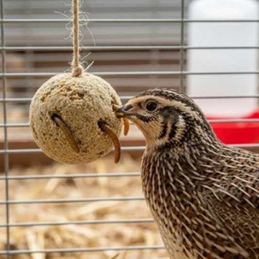 Durable green quail gamebird feed ball with mealworms, 2-pack from Quailz.com, designed for beak maintenance and enrichment.