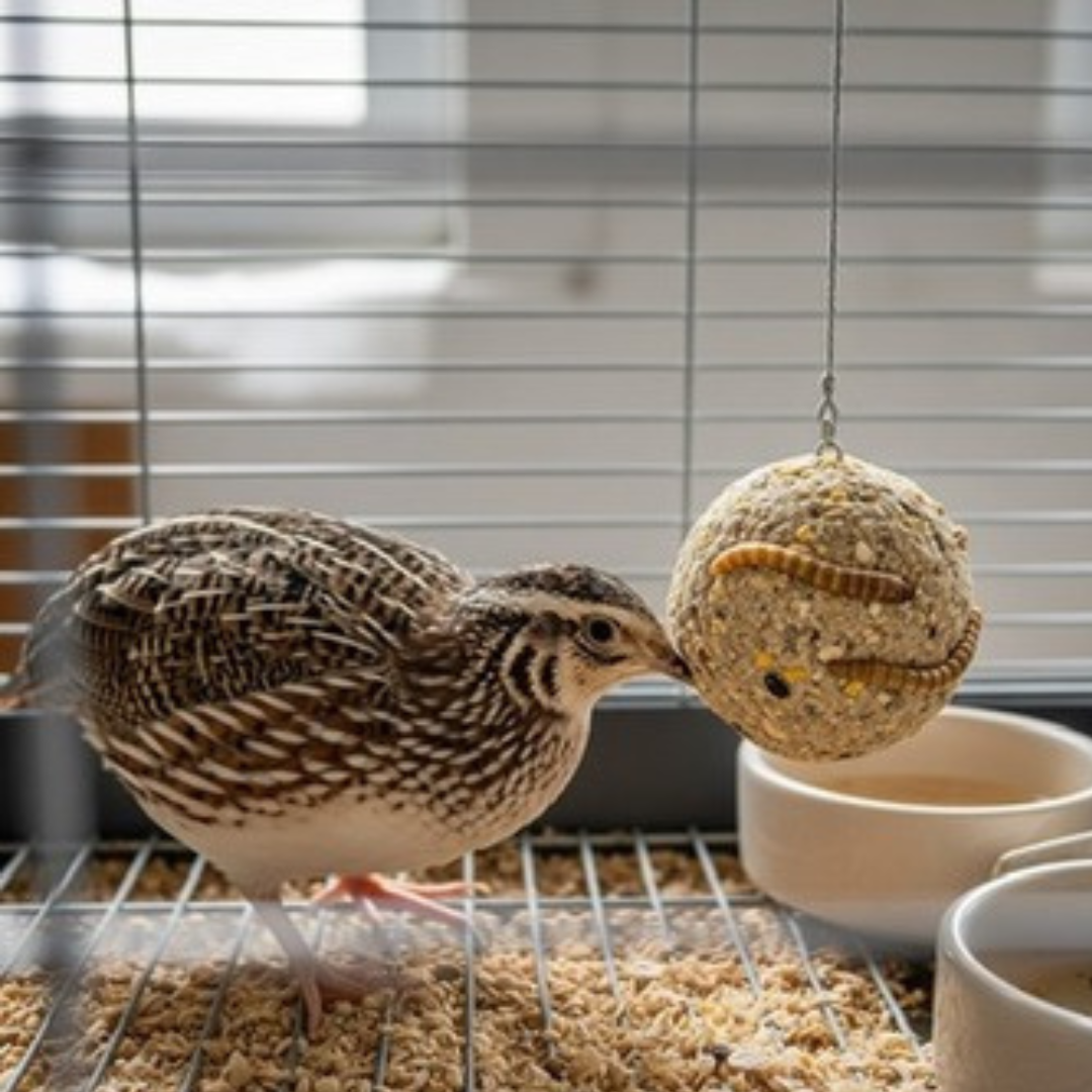 Durable quail feed ball with mealworms, green and brown, for bird enrichment - Quailz.com 2-Pack