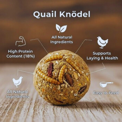 Green durable quail gamebird feed ball filled with mealworms, anti-boredom toy by Quailz.com, USA made