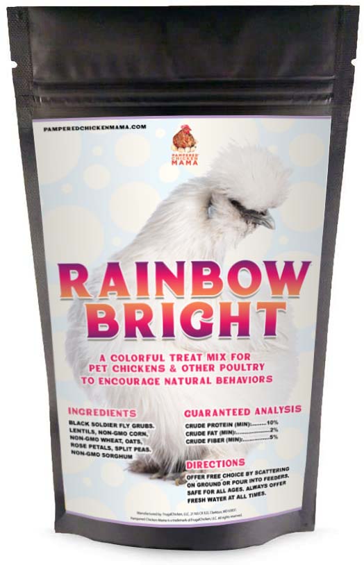 Rainbow Burst Chicken Treat by Dahlia Pets, featuring black soldier fly larvae for foraging, available in 4 and 8 pounds.