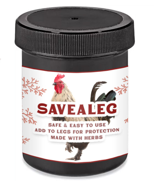 Herbal leg salve for chickens in black container, features rooster graphic and easy-use label, 4 ounces.