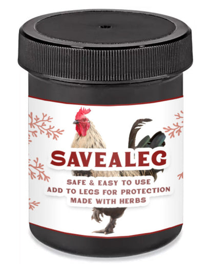 Herbal leg salve for chickens in black container, features rooster graphic and easy-use label, 4 ounces.