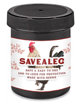 Herbal leg salve for chickens in black container, features rooster graphic and easy-use label, 4 ounces.