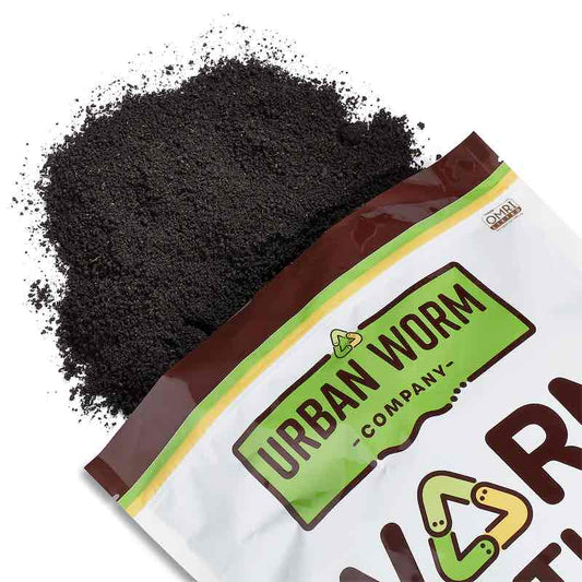 Urban Worm Company organic worm castings in a brown bag for eco-friendly gardening soil improvement.