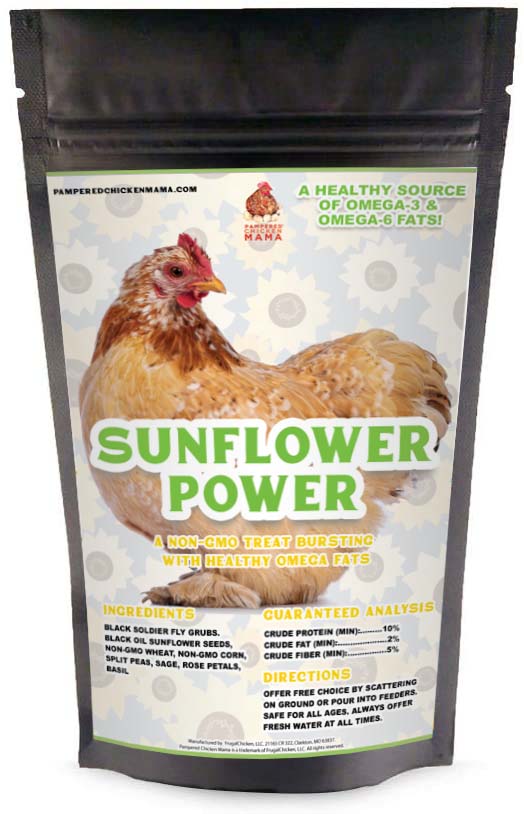 Sunflower Power chicken treat by Dahlia Pets, 4lb bag, featuring black soldier fly larvae and Omega-3 nutrition.