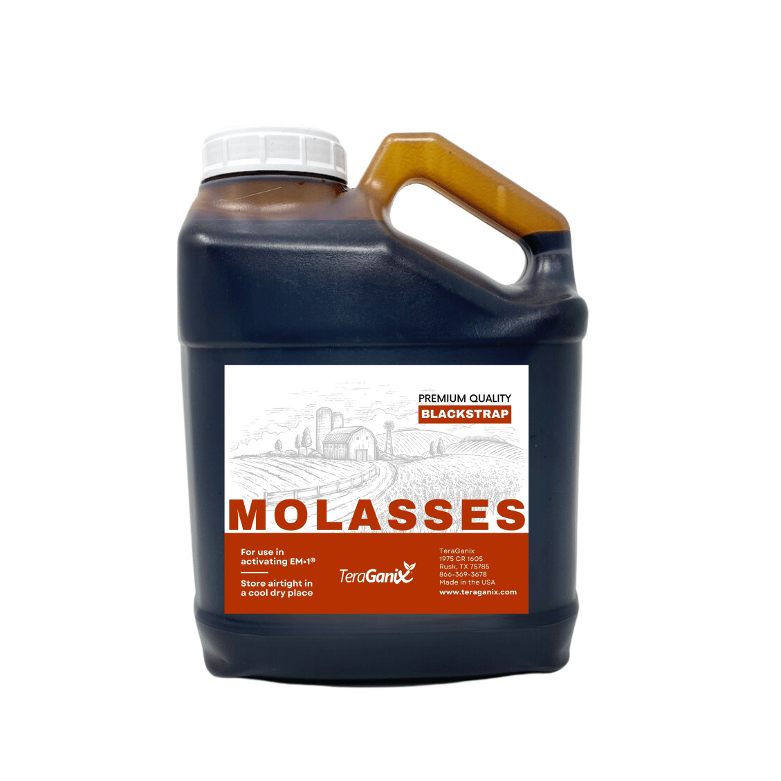 Unsulfured blackstrap molasses in a large container, rich in iron and calcium, by TeraGanix.