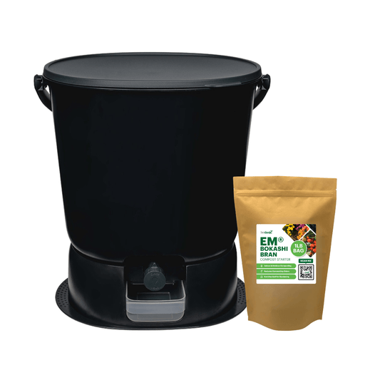 Black 4.4-gallon Bokashi compost bin kit from TeraGanix with airtight lid and included EM® Bokashi bran bag.