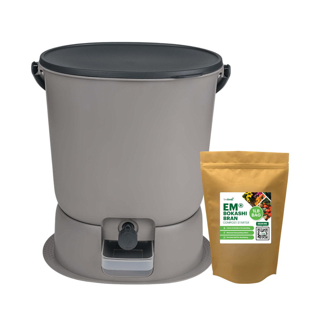 Black 4.4-gallon Bokashi compost bin kit with airtight design and included EM® Bokashi bran for indoor food waste recycling.