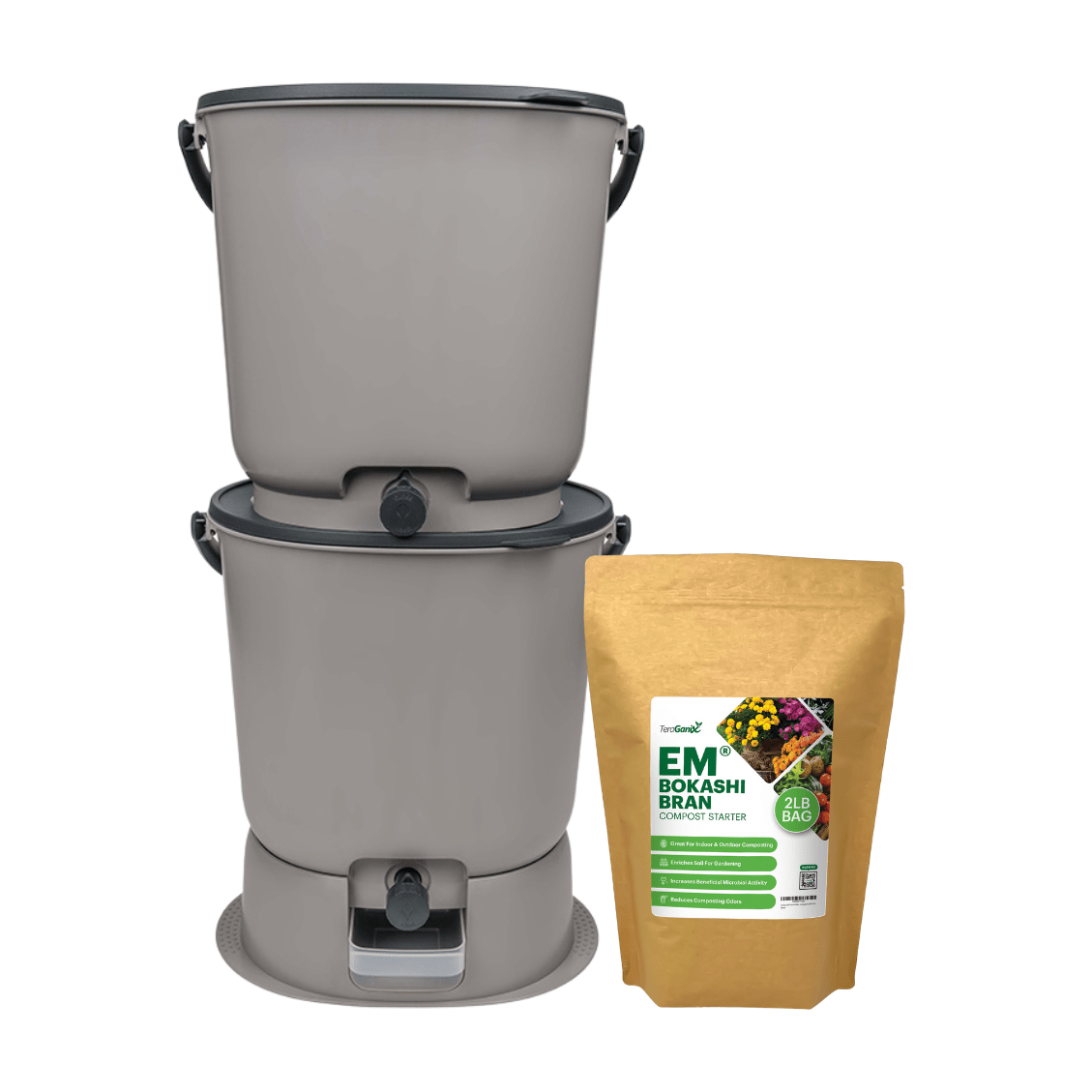 Black 4.4-gallon EM® Bokashi compost bin kit with airtight lid and included 1 lb bag of Bokashi bran for indoor composting.