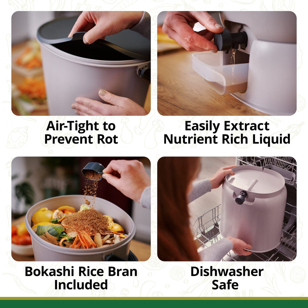 Black 4.4-gallon Bokashi compost bin kit with airtight lid, includes 1 lb bag of EM® Bokashi for indoor food waste recycling