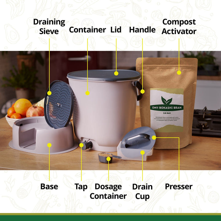 Black 4.4-gallon Bokashi compost bin with airtight lid and included 1 lb bag of EM® Bokashi for indoor food waste recycling.