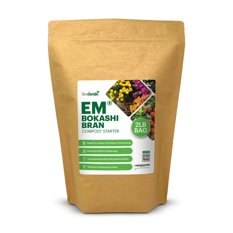 TeraGanix EM Premium Bokashi Compost Starter in 2 lb package, featuring beneficial microbes for composting.
