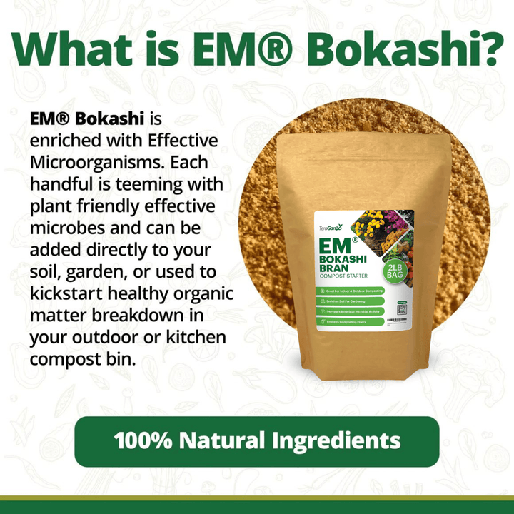 TeraGanix EM Premium Bokashi Compost Starter bags in 2 lb, 5 lb, and 22 lb sizes, featuring beneficial microbes for composti