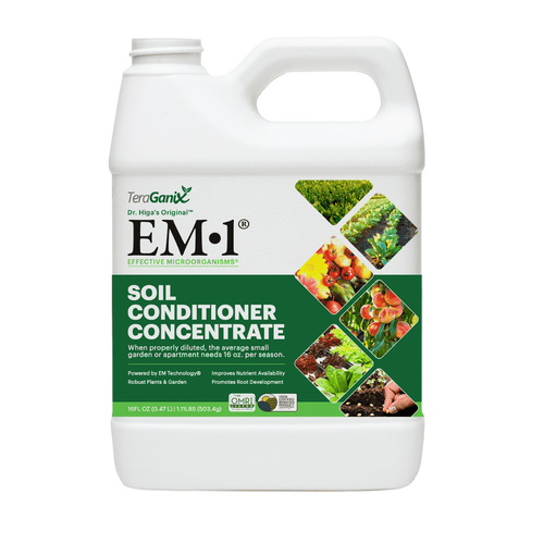 EM•1® Microbial Inoculant Soil Amendment by TeraGanix in 16oz bottle, suitable for soil enrichment and plant growth.