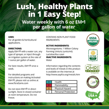 EM•1® Microbial Inoculant Soil Amendment, 16oz bottle, featuring beneficial microorganisms for enhanced soil health.