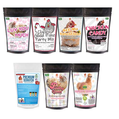 Valentine's Chicken Treat Box by Dahlia Pets with 7 premium varieties, 12 lbs of treats for backyard chickens.