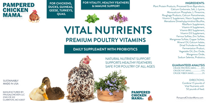 Vital Nutrients vitamin and mineral supplement for chickens and ducks in 1.5 and 5-pound bags by Dahlia Pets